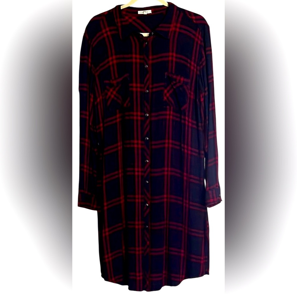 MAURICES Navy Blue/Red/Black Plaid Button Front Shirt Midi Dress, Size XL, GUC.